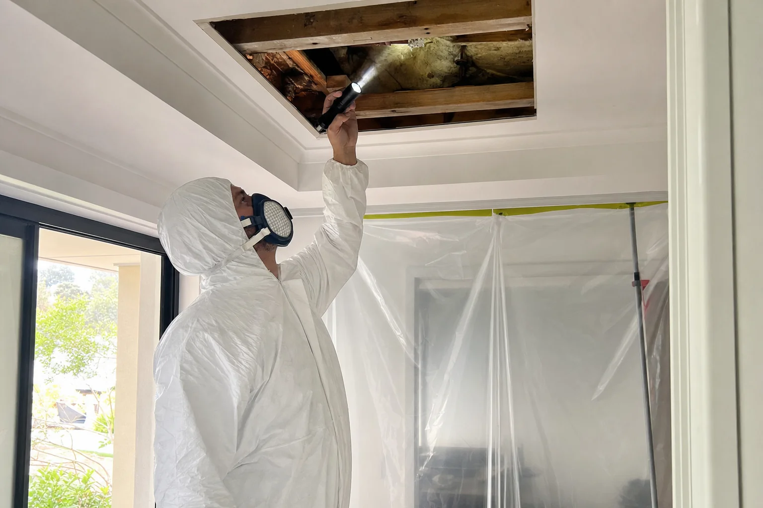 Licensed assessor in PPE inspecting a suspected asbestos ceiling in Perth
