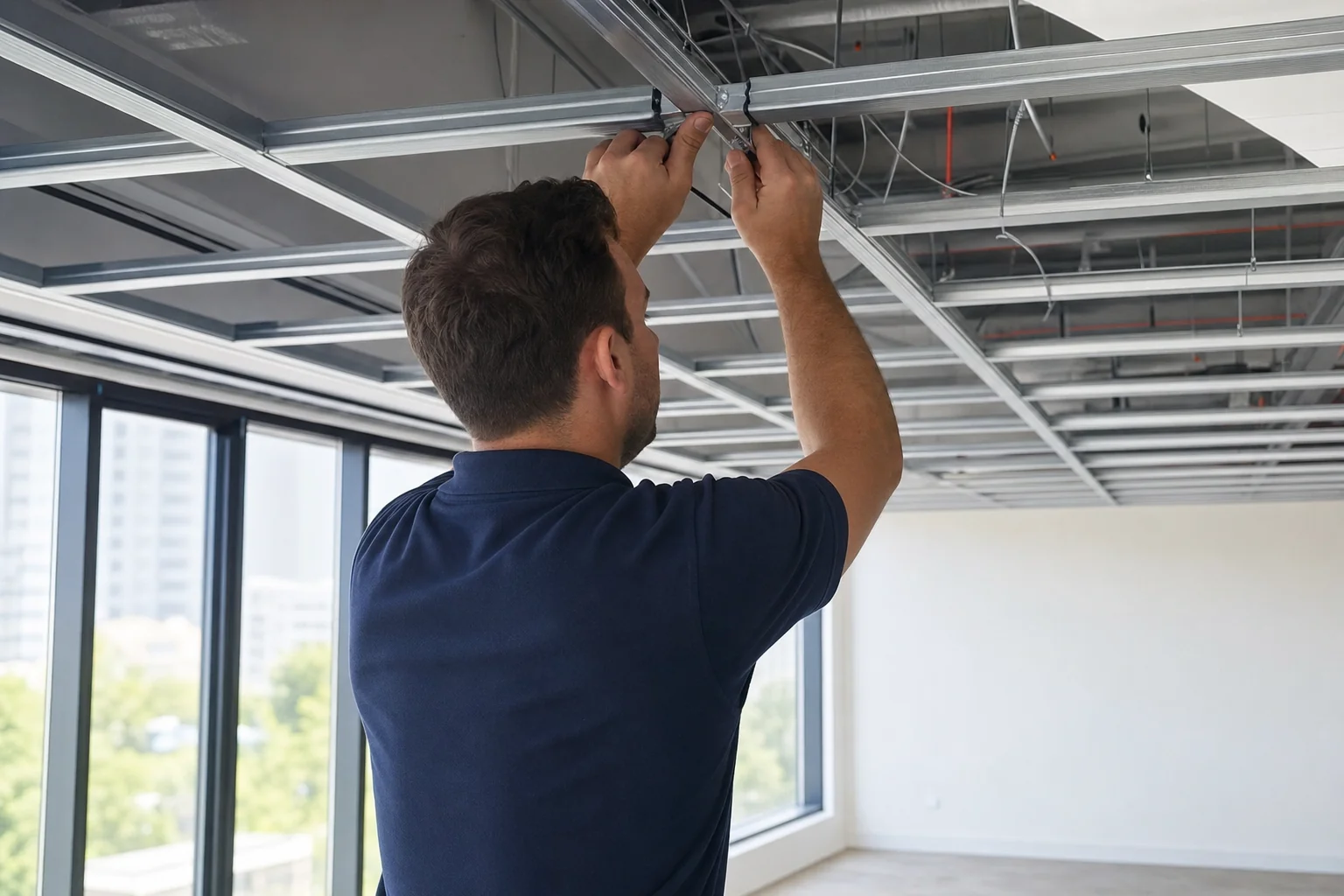 Suspended ceiling grid being installed in a Perth commercial fit-out